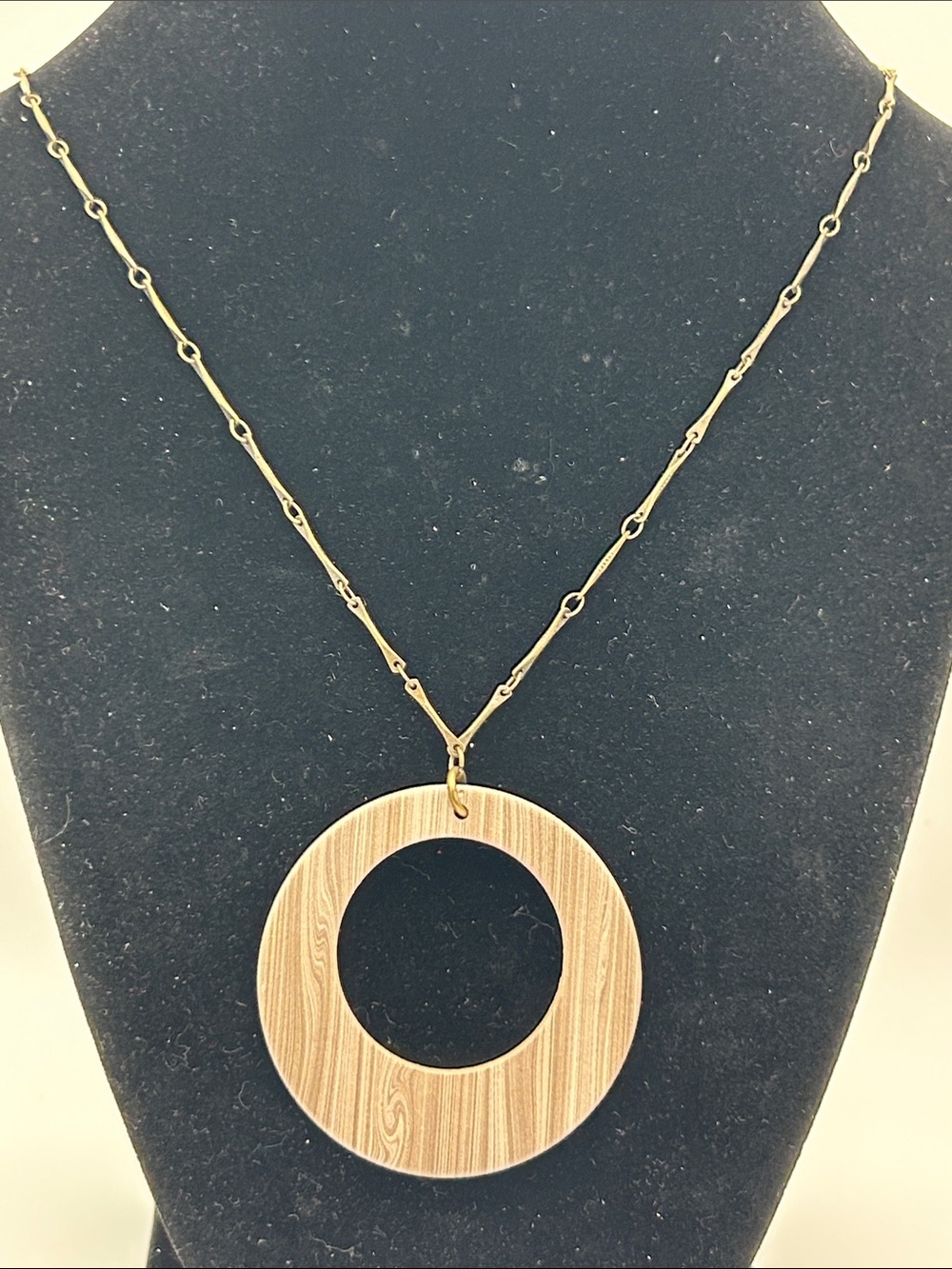 Gold-Tone Pendant Necklace with Light Wood-Effect Circle